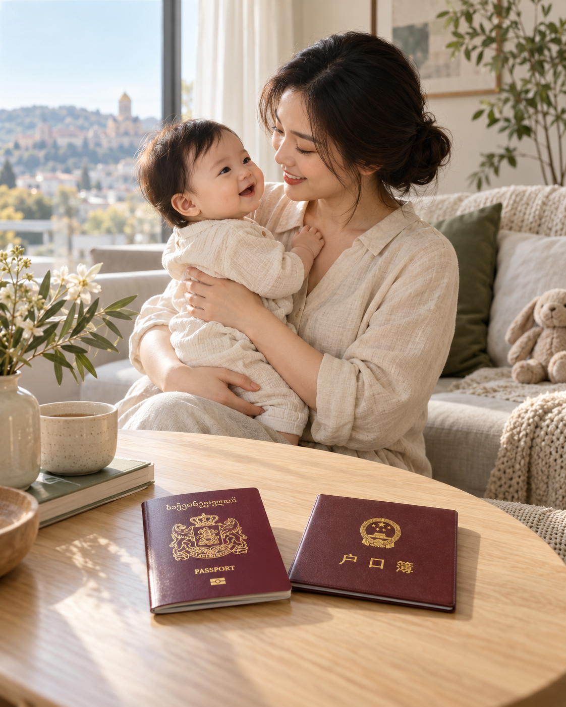 亲子场景与护照、户口本封面示意