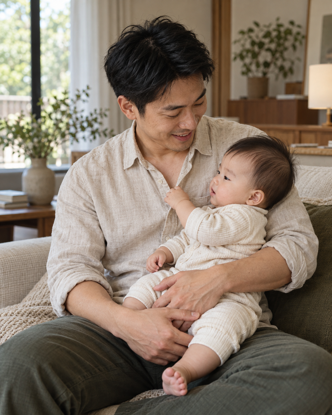 中国成年男性温柔抱着宝宝