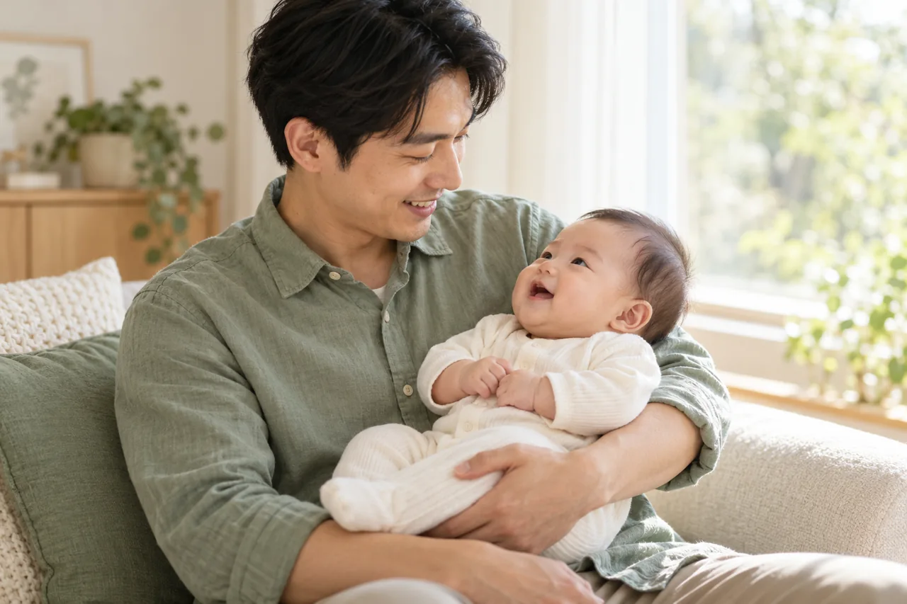 男性独自抱着宝宝的温暖时刻